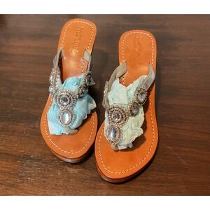 Mystique Women's Wedge‎ Flip Flop Sandals Embellished Rhinestone  Leather Size 9